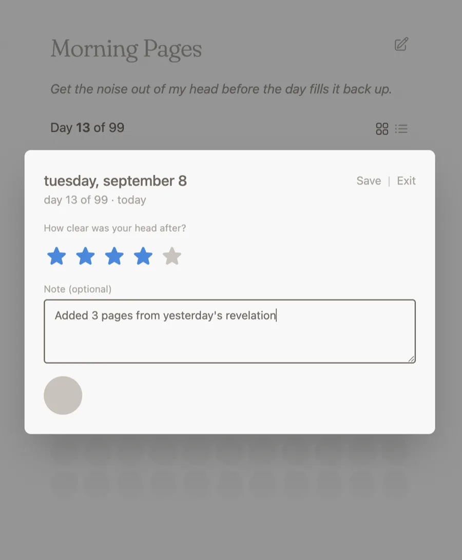 A daily check-in with a star rating and a short note