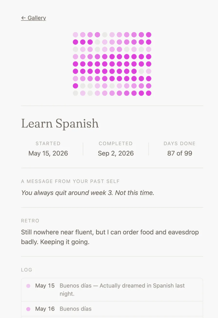 A completed 99-day practice, its full grid filled in, saved to the gallery with a retro note