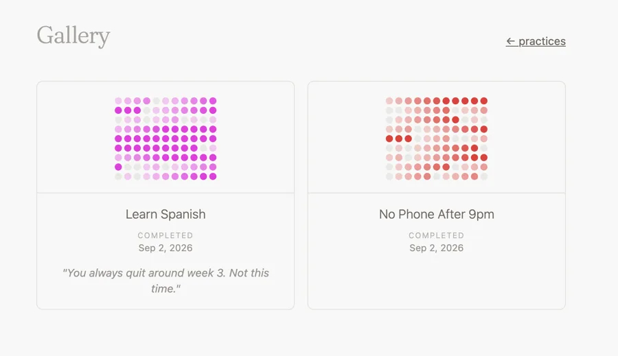 A gallery of completed practices, each with its own filled-in grid and completion date